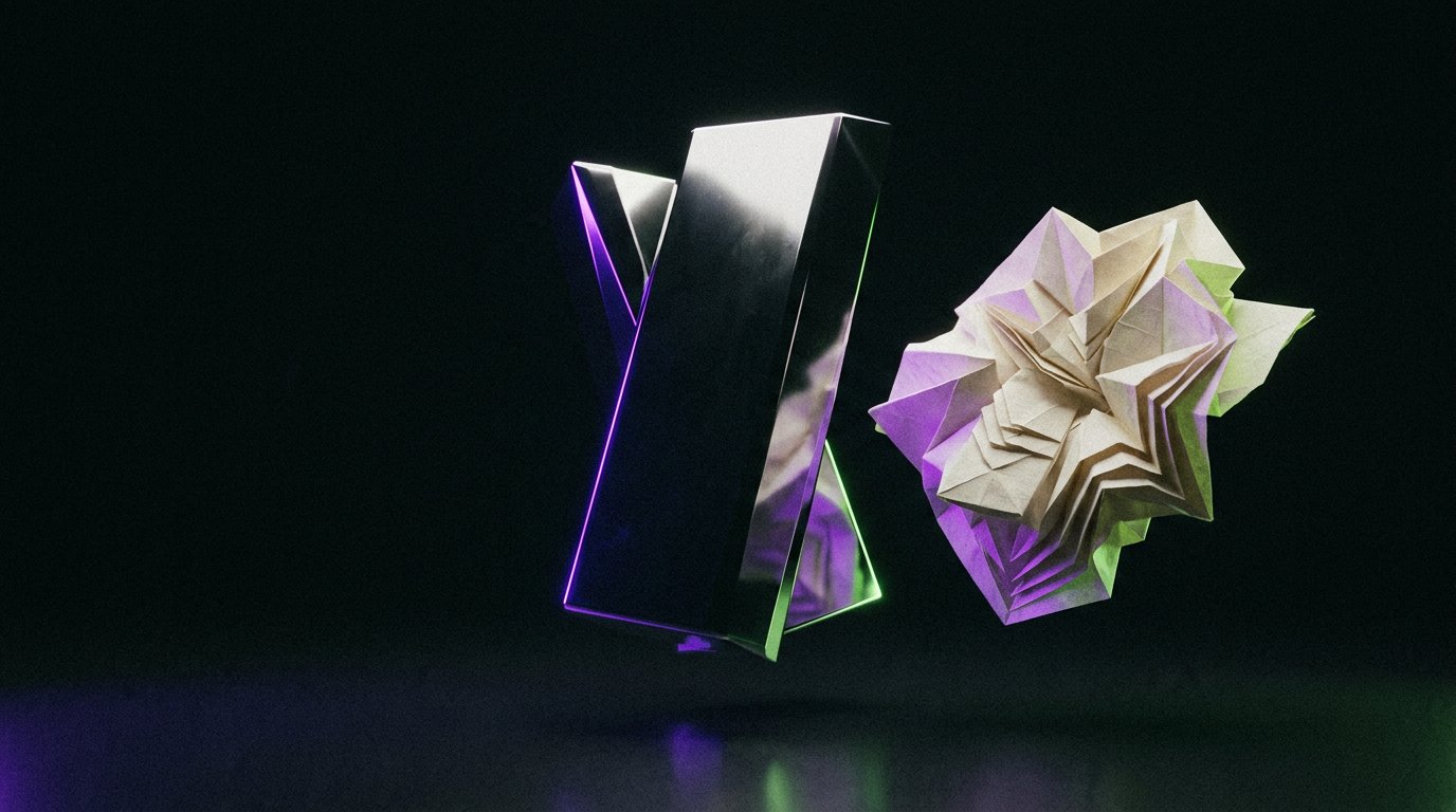 Chrome monolith beside a folded paper sculpture