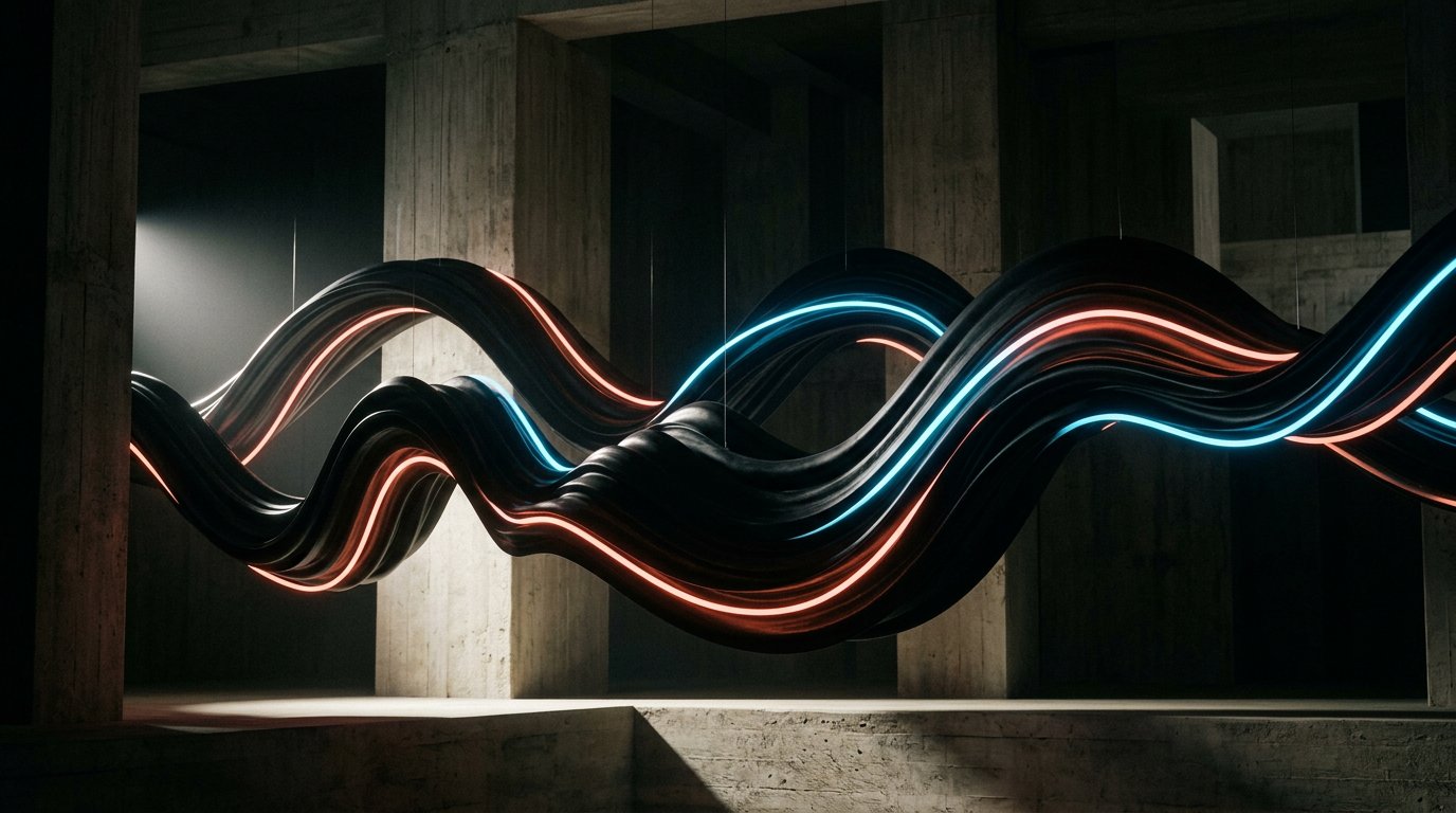 Sculptural black sound waves suspended in concrete space